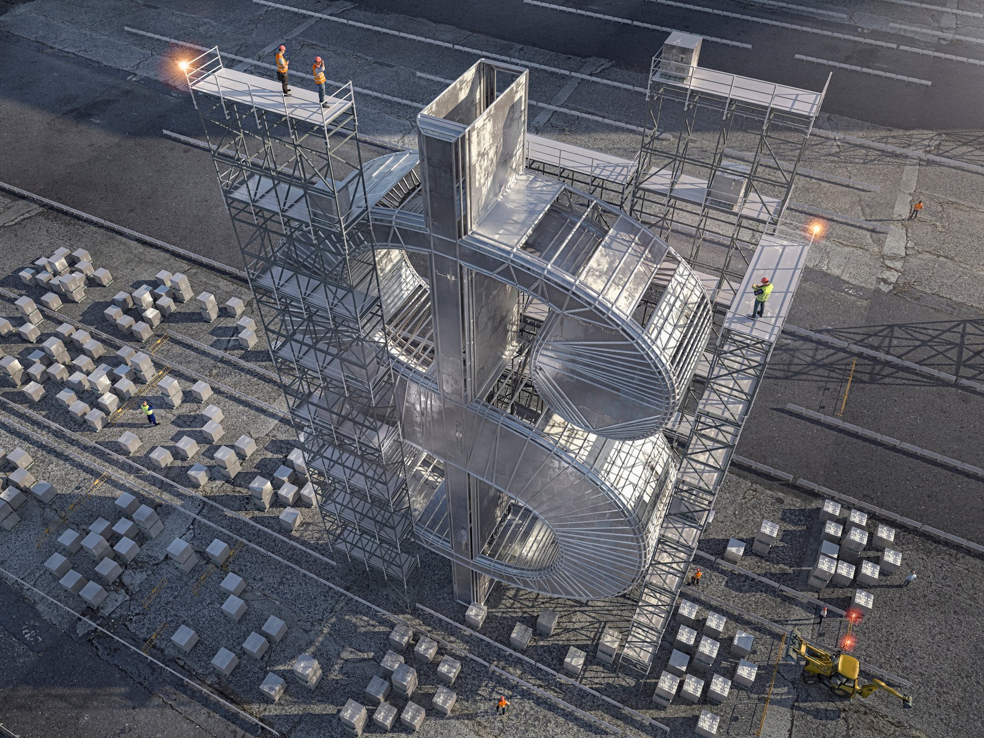 Skyscraper-like dollar sign under construction