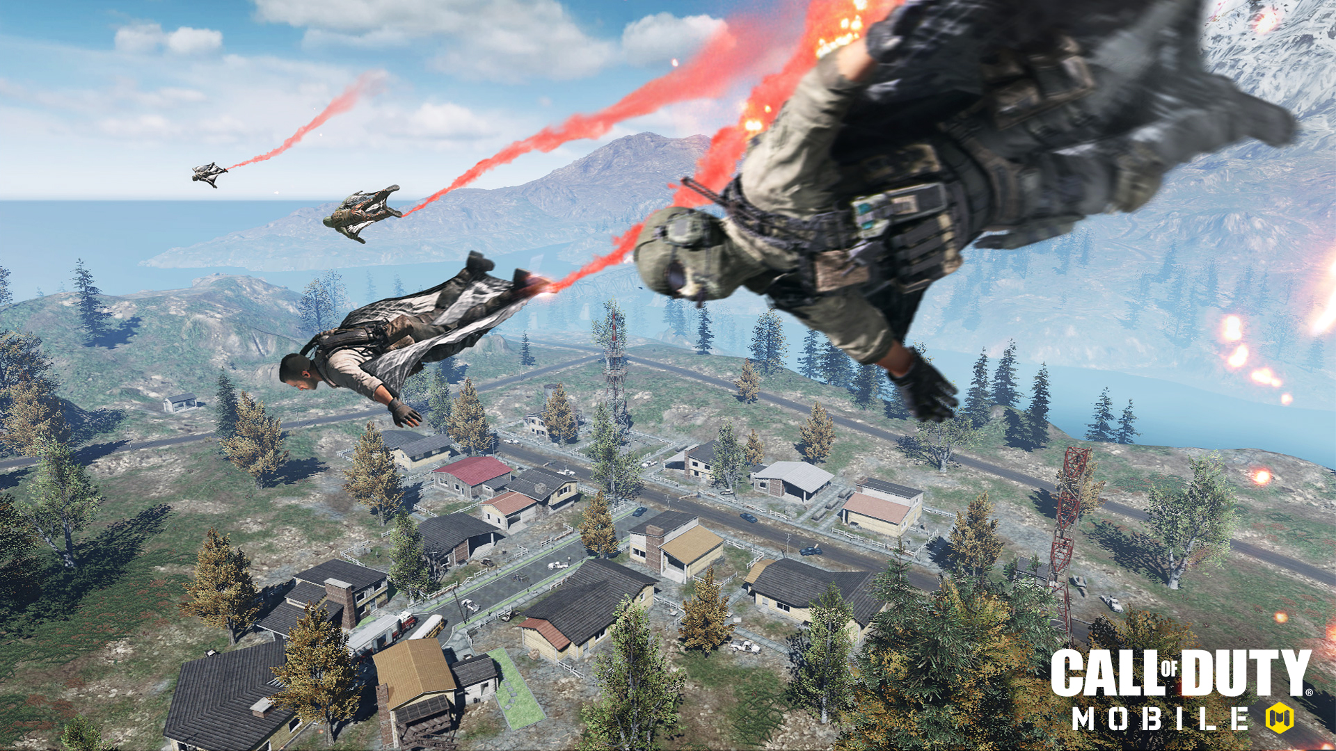 A screenshot from Call of Duty Mobile depicting characters parachuting into a town.