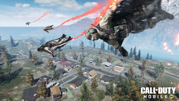 A screenshot from Call of Duty Mobile depicting characters parachuting into a town.