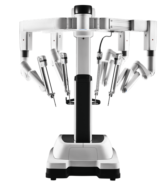 Da Vinci surgical robot, with multiple surgical tools hanging down from the top of the machine.