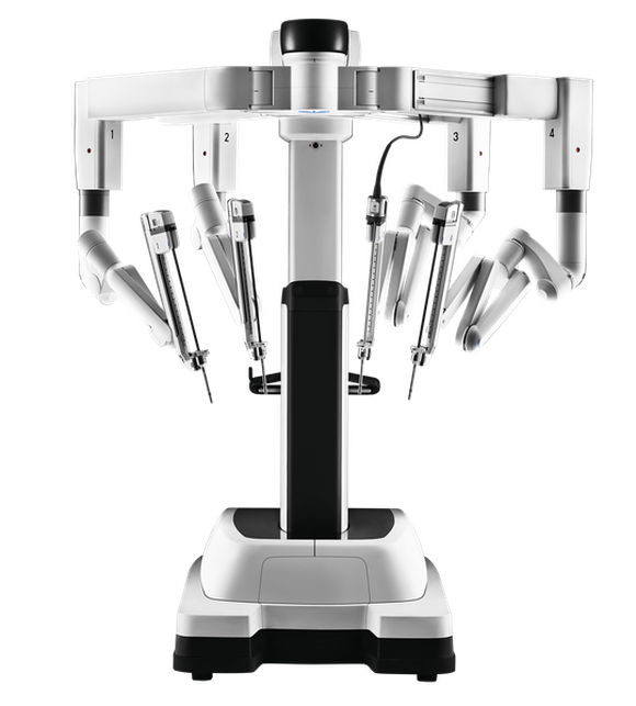 Da Vinci surgical robot, with multiple surgical tools hanging down from the top of the machine.
