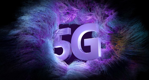 Two big purple letters spell 5G. 
