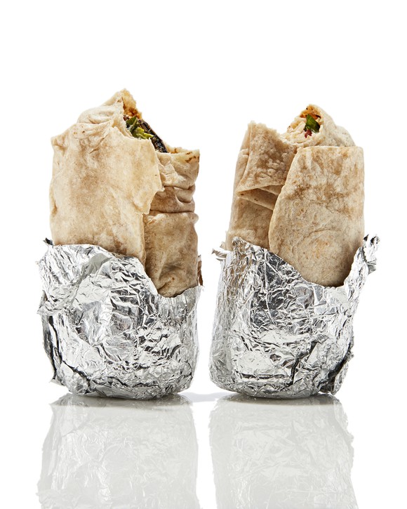 Two burritos standing up. 