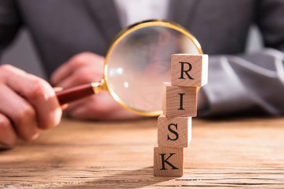Wooden blocks spelling out "risk" examined under a magnifying glass.