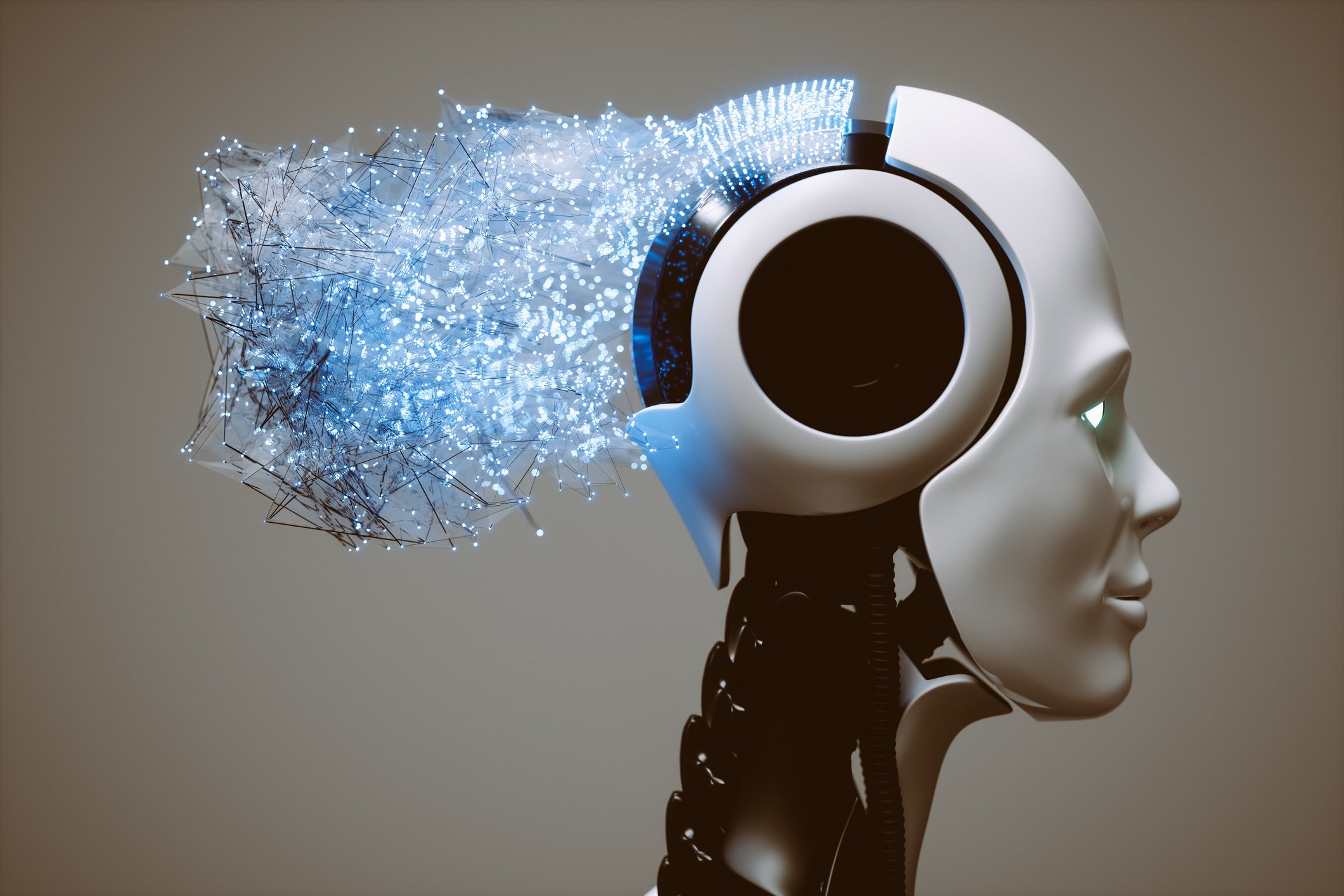 Explosion of small blue particles blasting from the back of a robot's head