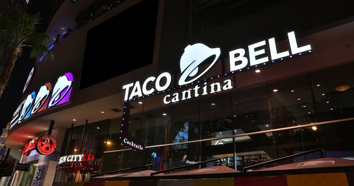 The exterior of a Taco Bell Cantina at night in Las Vegas.