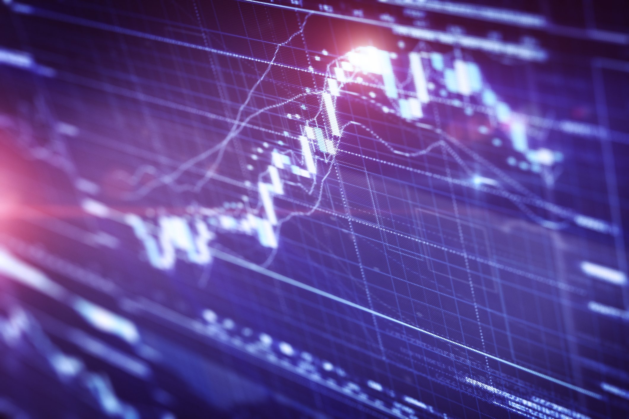 A white stock chart on a blue background.