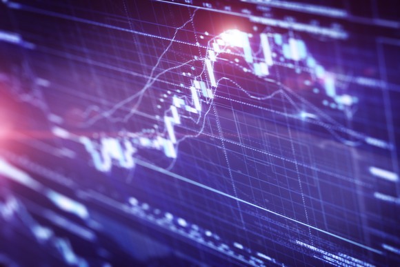 A white stock chart on a blue background.