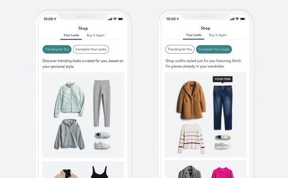 Two smartphone screens with Stitch Fix's direct buy service displayed.