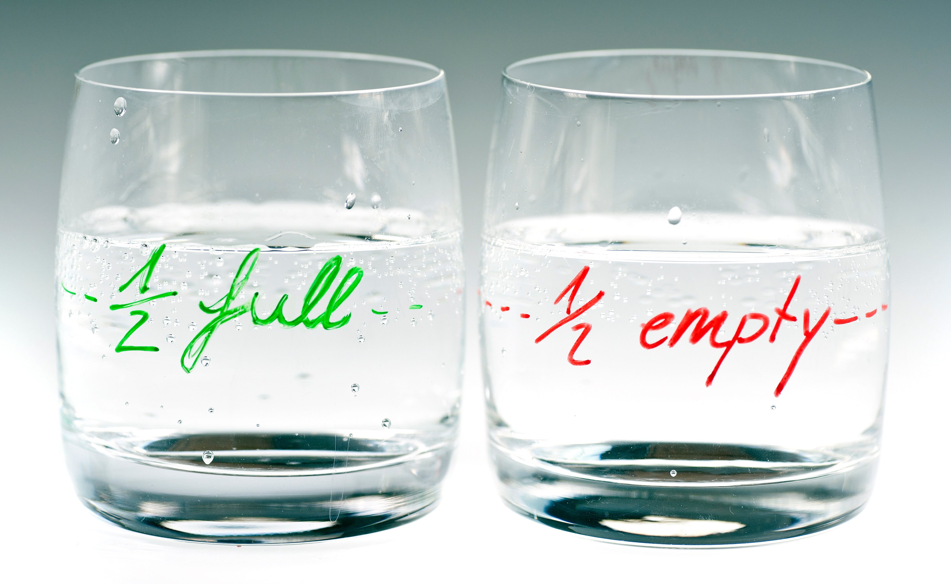 Two glasses, one labeled "one-half full" and the other "one-half empty."
