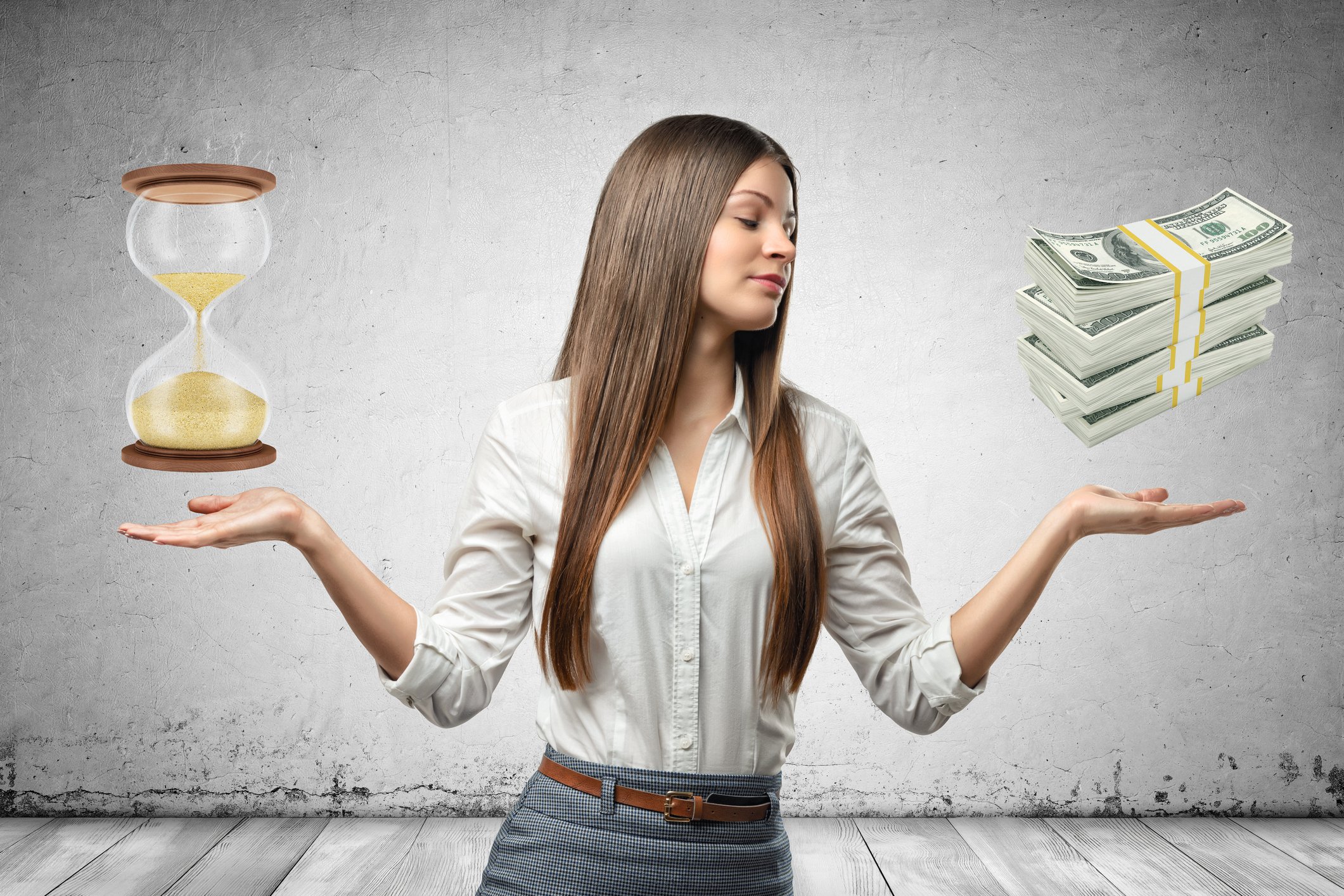 Woman holding both palms of her hands up with an image of an hourglass above one palm and an image of a stack of cash above the other palm