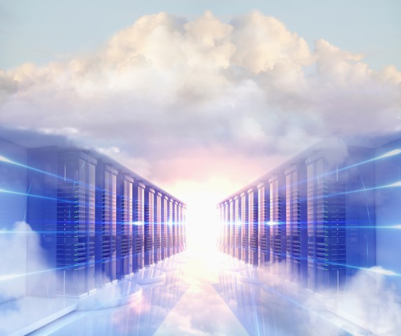 Two rows of servers in the sky with a cloud over it. 