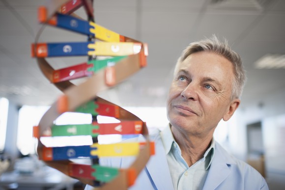 Researcher observing DNA strands. 