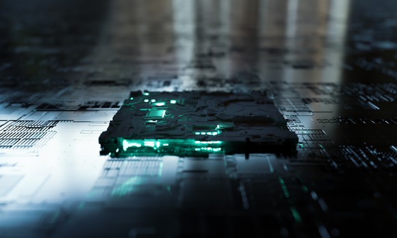 A futuristic illustration of a glowing chip.