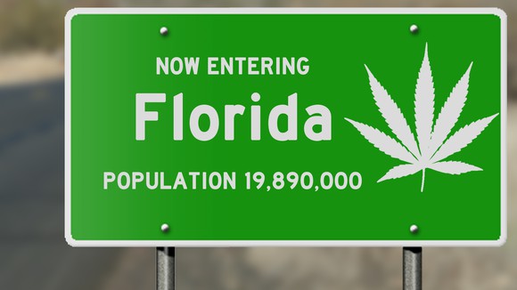 A highway sign saying Now Entering Florida, poulaton 19.9 million with a cannabis leaf. 
