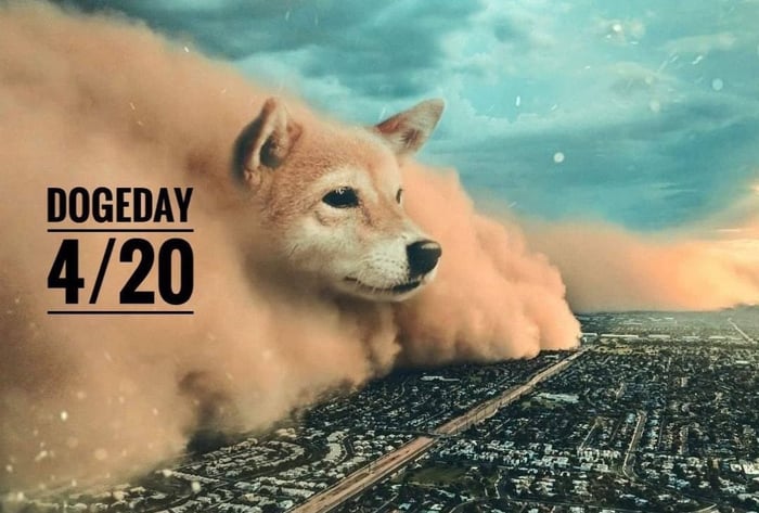 A cloud with the face of a shiba inu sweeping across a city.