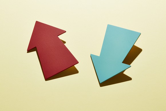 Red arrow up, green arrow down on yellow background