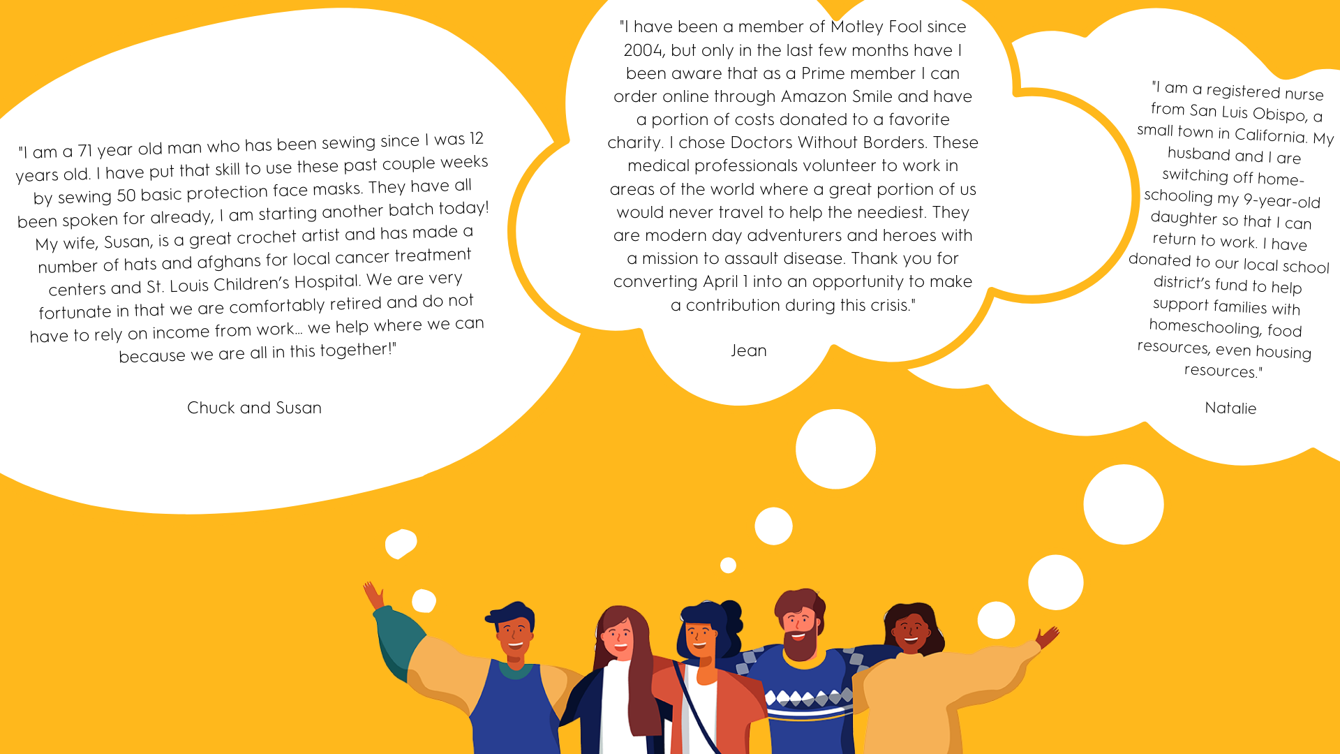 A drawing of a group of people with speech bubbles over their heads