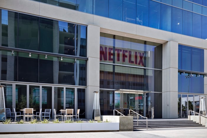 Office building with Netflix banner in the entryway.