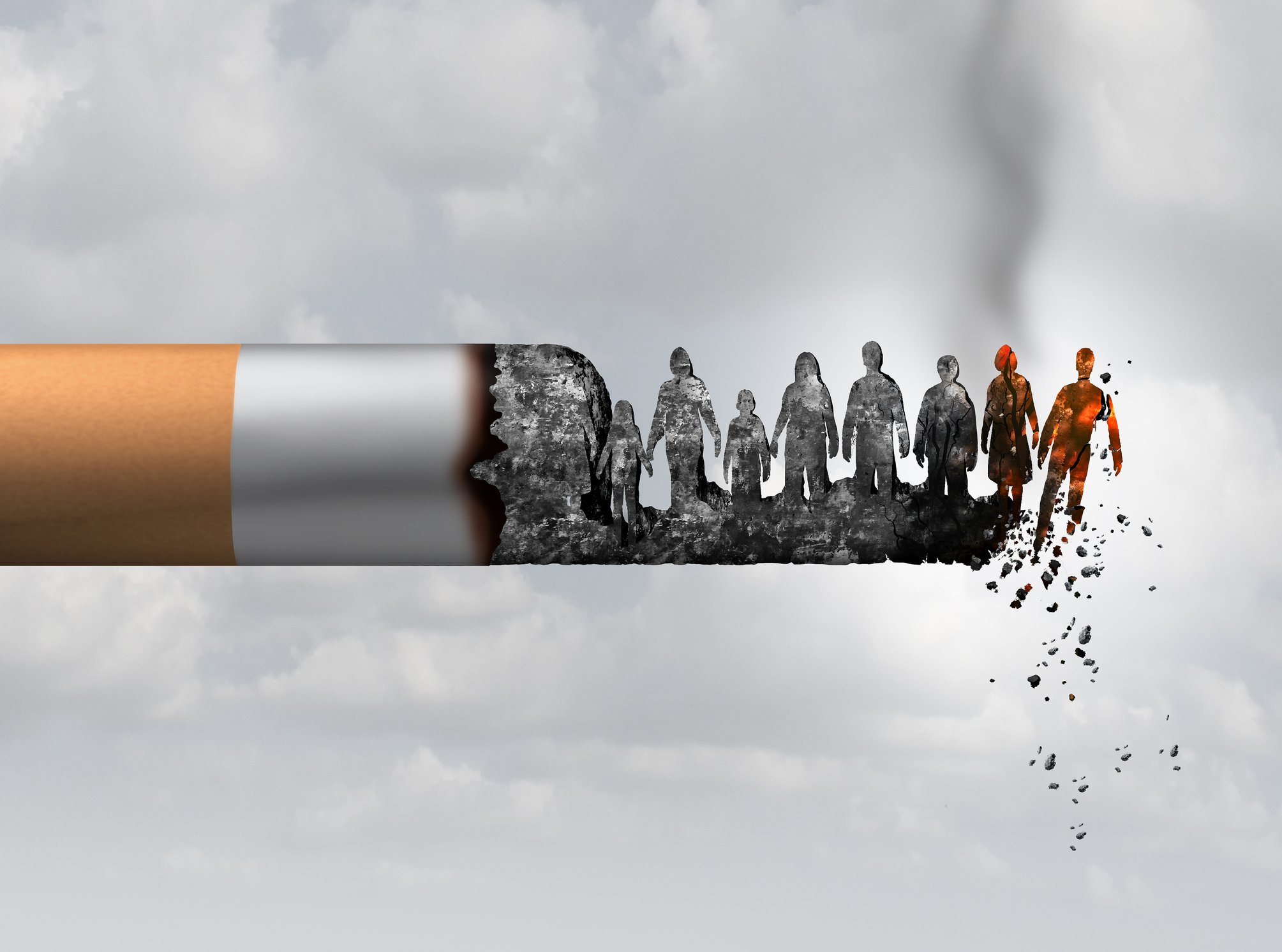 A burning cigarette with ashes shaped like people.