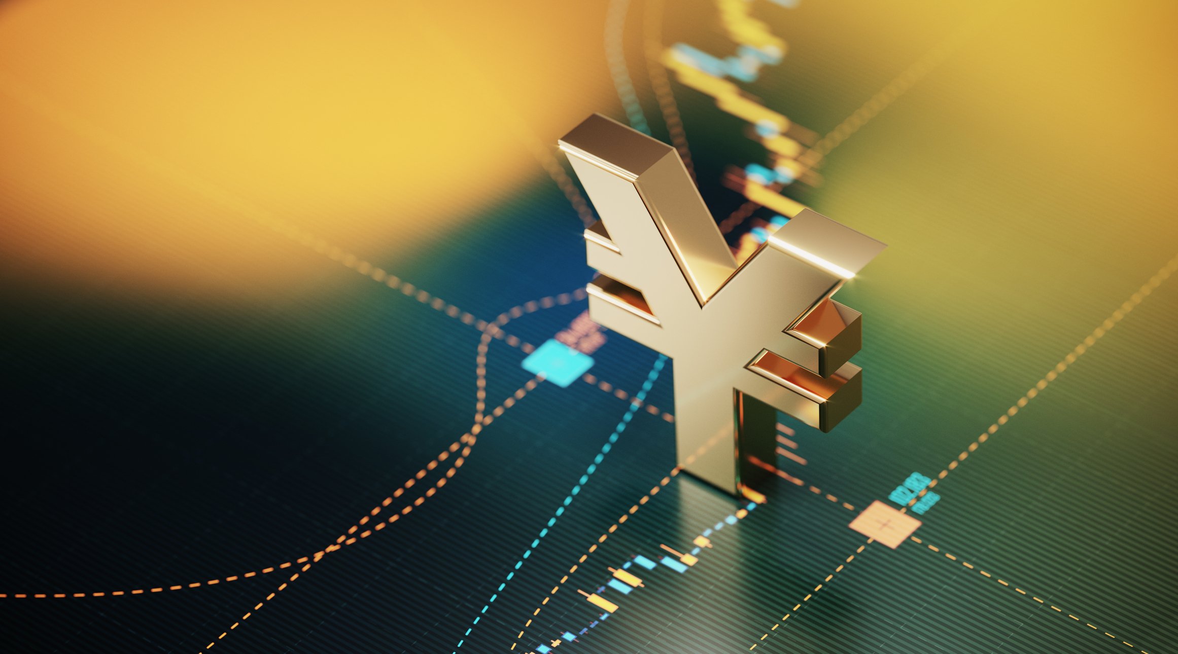 Golden yuan sign on stock chart
