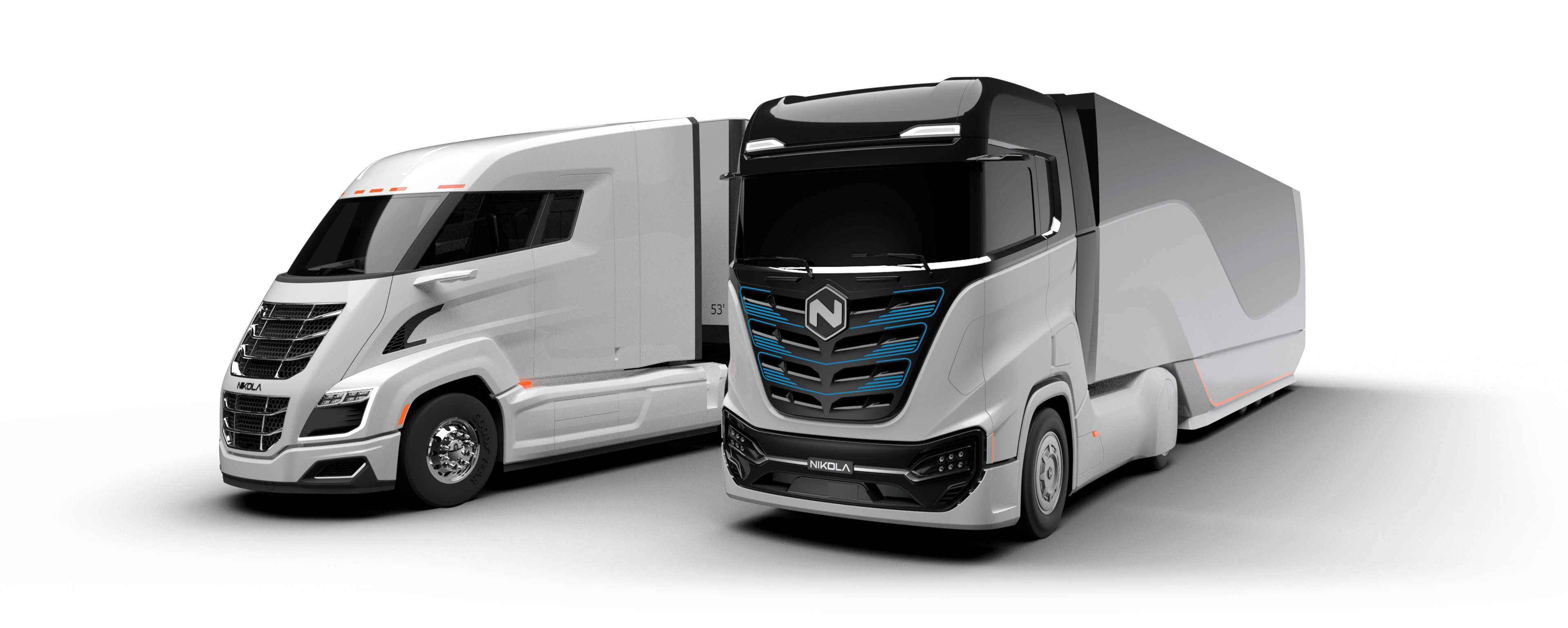 Nikola Tre and Two semi trucks