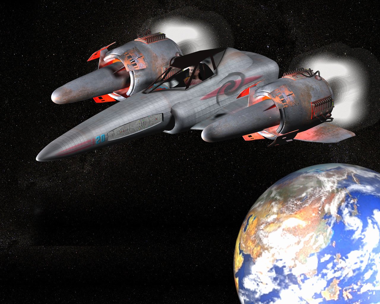 Space fighter jet with Earth in background