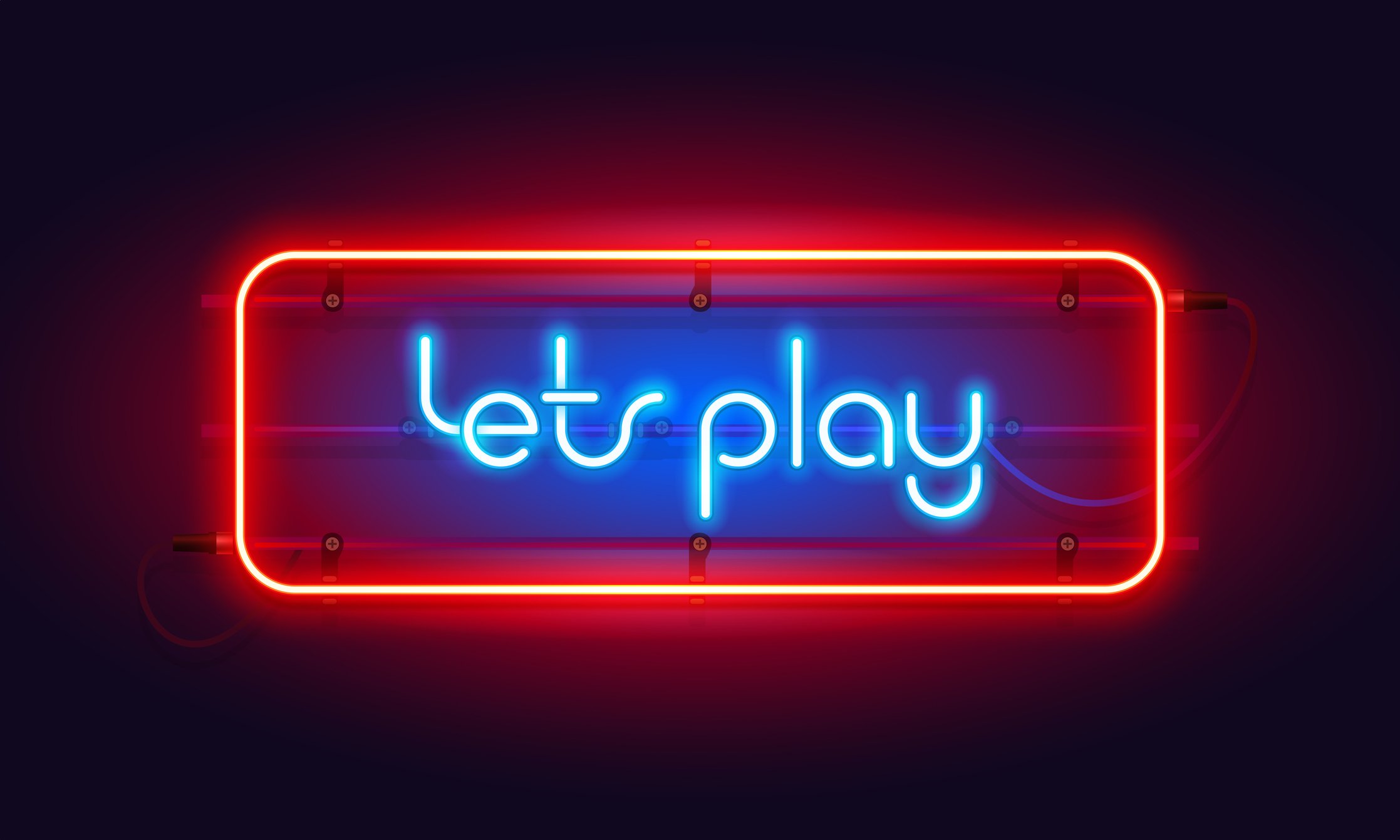 A neon light display that reads "lets play" 