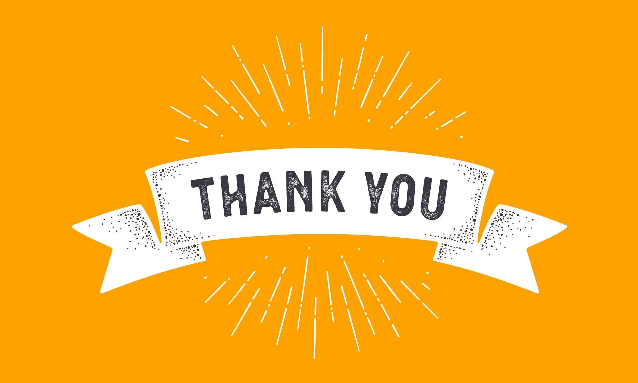 Banner reading Thank You on an orange background.