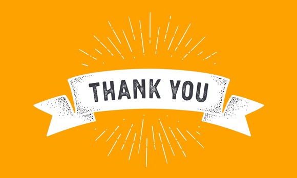 Banner reading Thank You on an orange background.