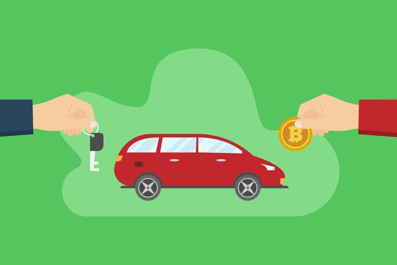 Illustration of someone buying a car with Bitcoin. 