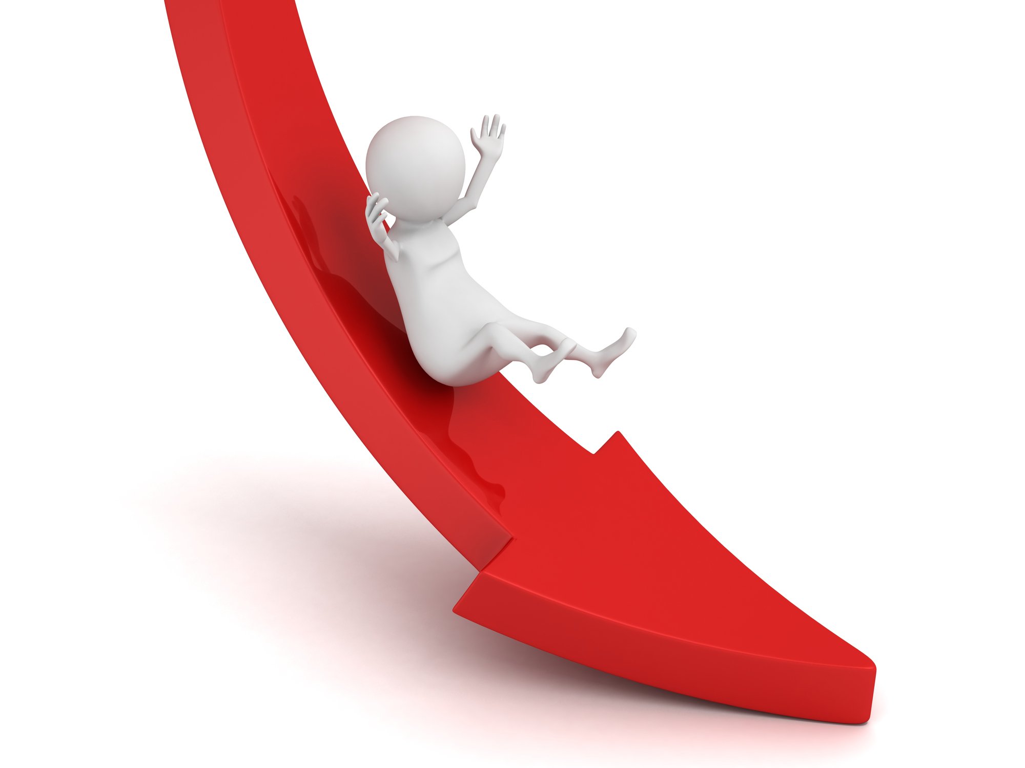 Cartoon character sliding down a red arrow
