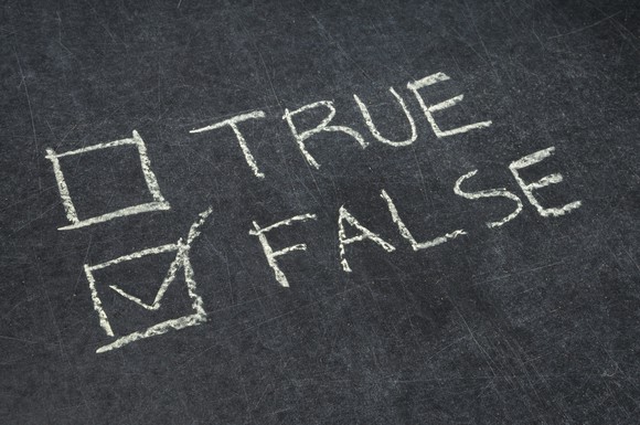 "True" and "false" written on a chalkboard, with false checkbox checked off.