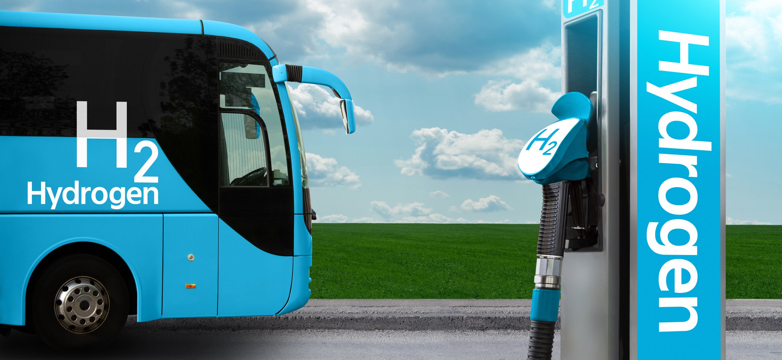 A hydrogen powered bus at a fueling station.