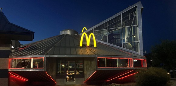 The exterior of a McDonald's restaurant in Barstow, California, as seen at night