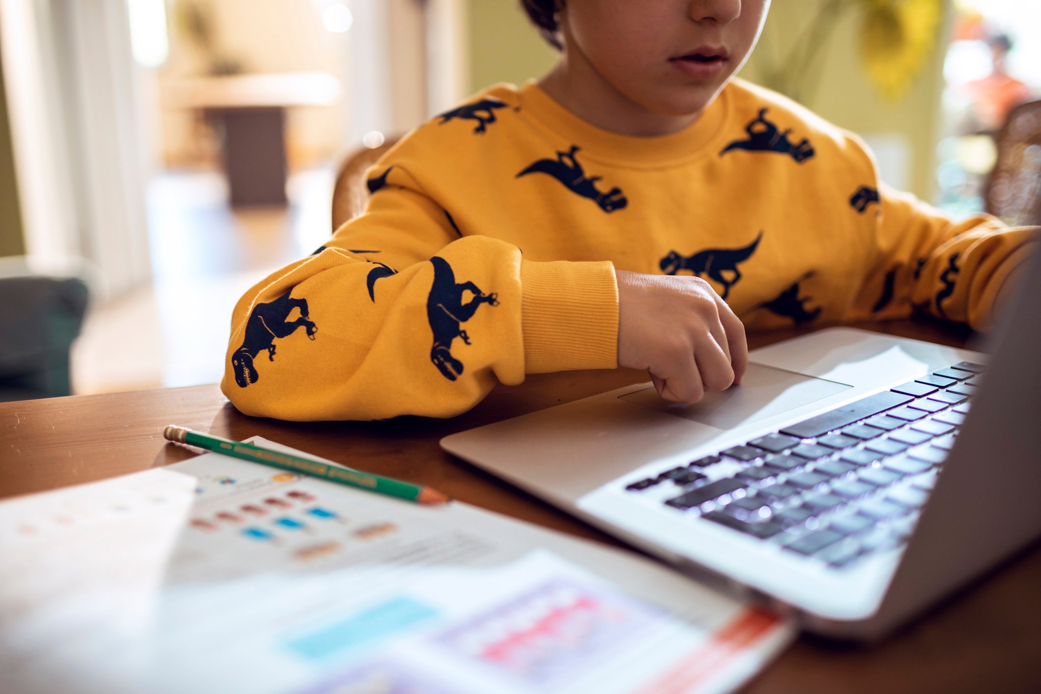 A child attends an online class on a laptop.