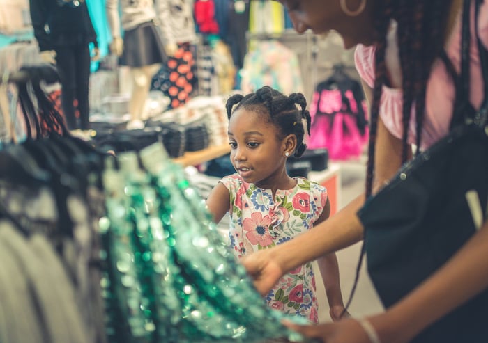 woman and child shopping for children's clothes