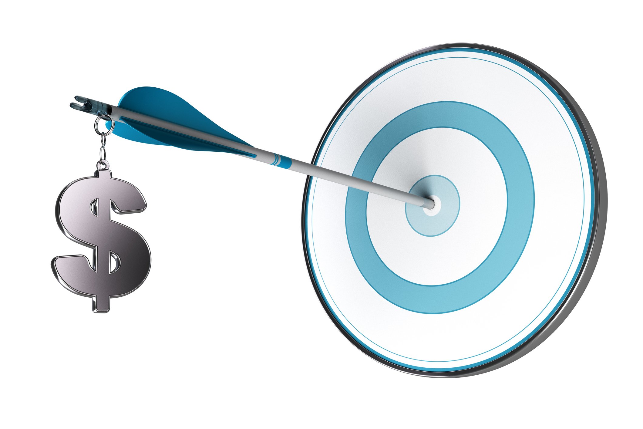 Arrow stuck in the bulls-eye on a target with a silver dollar sign dangling from the arrow