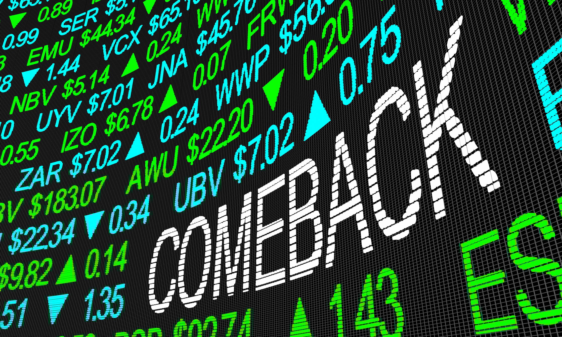 A stock ticker board with COMEBACK written among the numbers.
