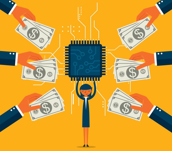 Animation of woman holding up a huge processor and hands with money coming from off camera towards her. 
