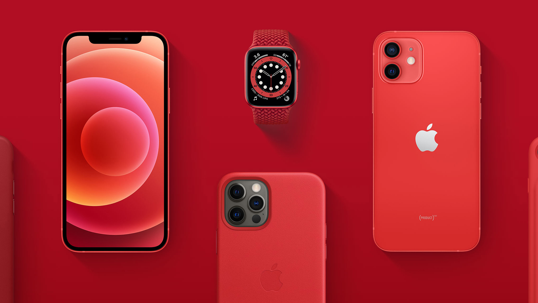 Red Apple iPhone 12 and Apple Watch series 6 against a red background.