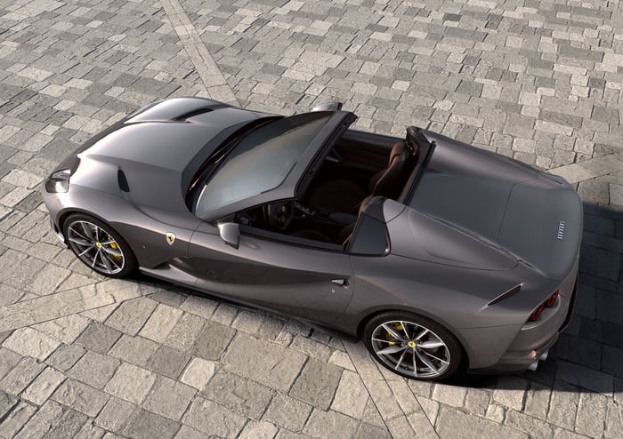 A Ferrari 812 GTS, a two-seat V-12-powered luxury sports car with a retractable roof. 