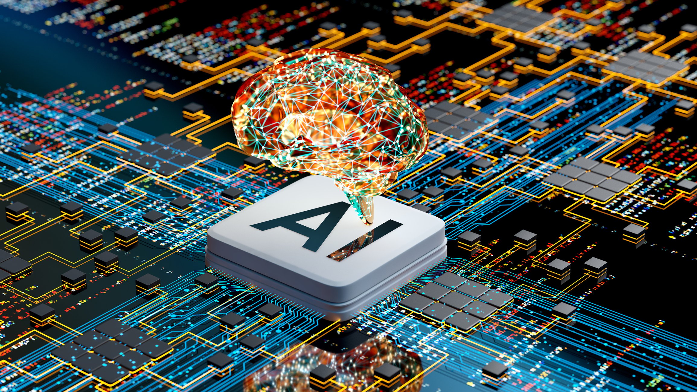 An animated processor with AI printed on it and a cartoon brain coming out of it. 