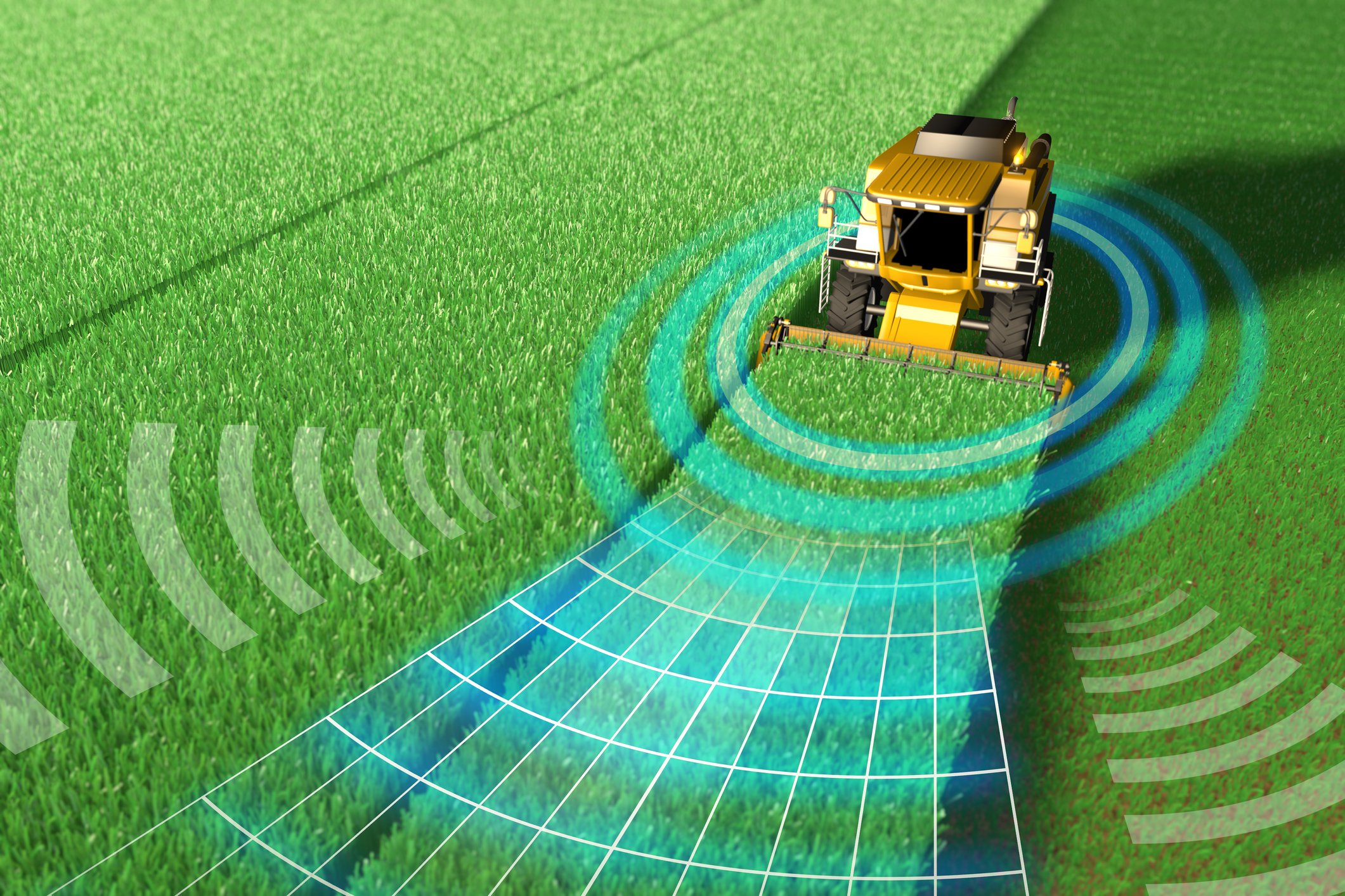 Precision agriculture machine with virtual emitting sensors on a green field