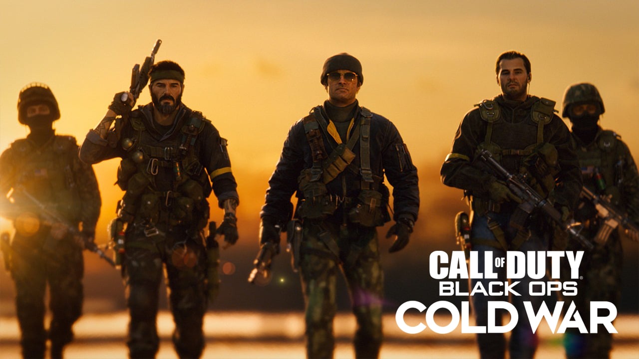 Screenshot from Call of Duty Black Ops Cold War showing five soldiers walking in combat gear.