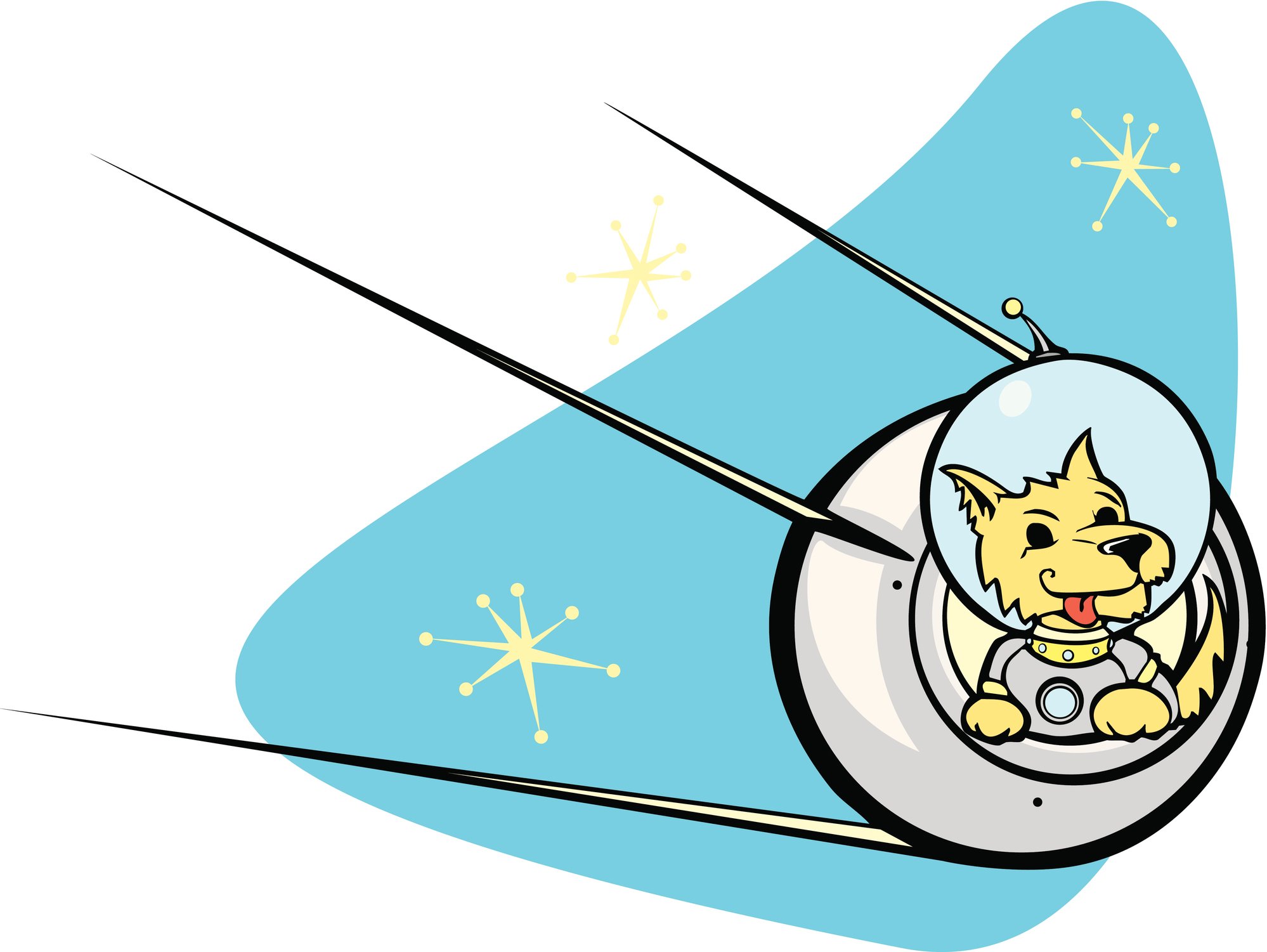Cartoon dog inside a  satellite in orbit.
