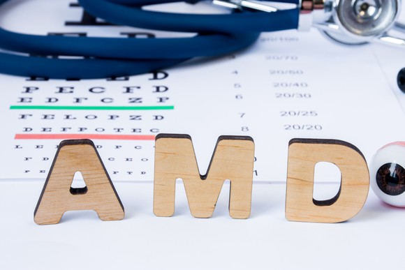 Letters AMD next to a plastic eyeball and on top of an eye chart