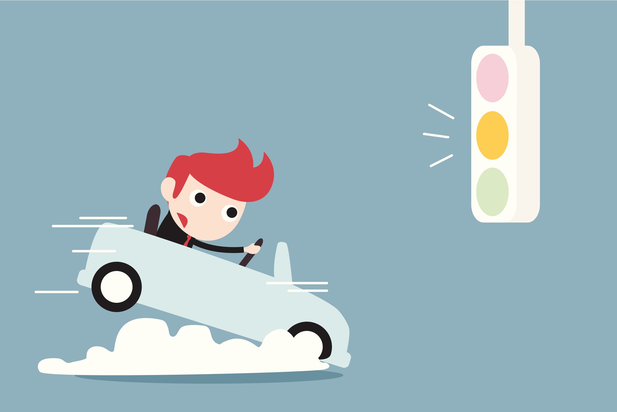 Cartoon car braking for a yellow light
