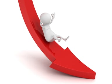 Cartoon character sliding down a red arrow