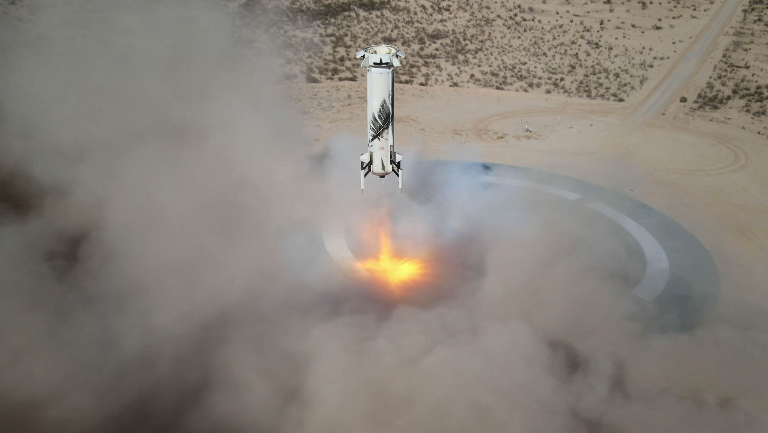 Aerial view of a Blue Origin rocket landing.